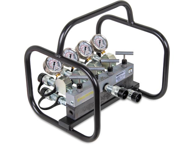 AMGC42, 10 Port, Split Flow Hydraulic Manifold with Gauges and Frame, For Double-Acting Cylinders - Enerpac